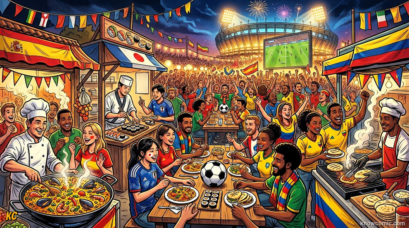 Comic panel titled your delicious match-day plan, labelled world cup 2026, from the KnowComic World Cup 2026 lesson on foods of the world cup