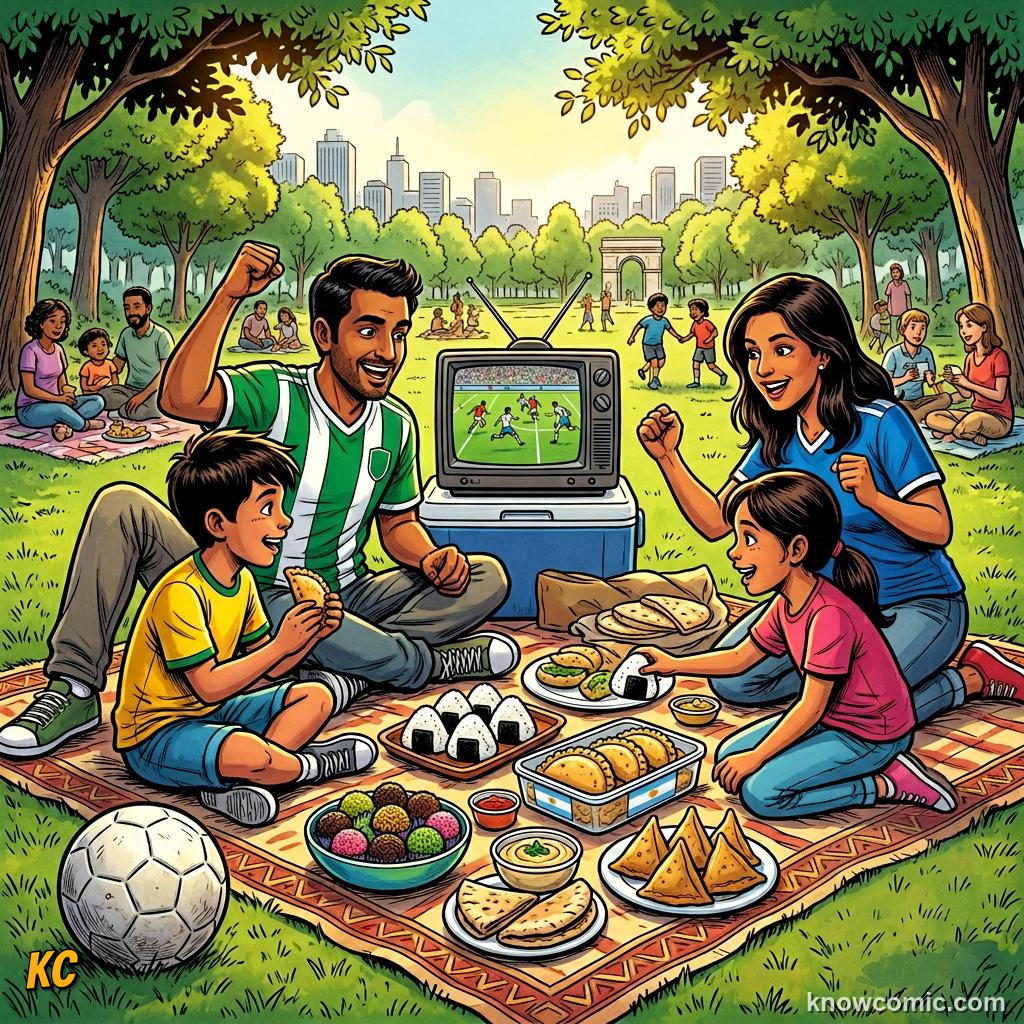 Comic panel labelled city hop, illustrating foods of the world cup in KnowComic's World Cup 2026 series