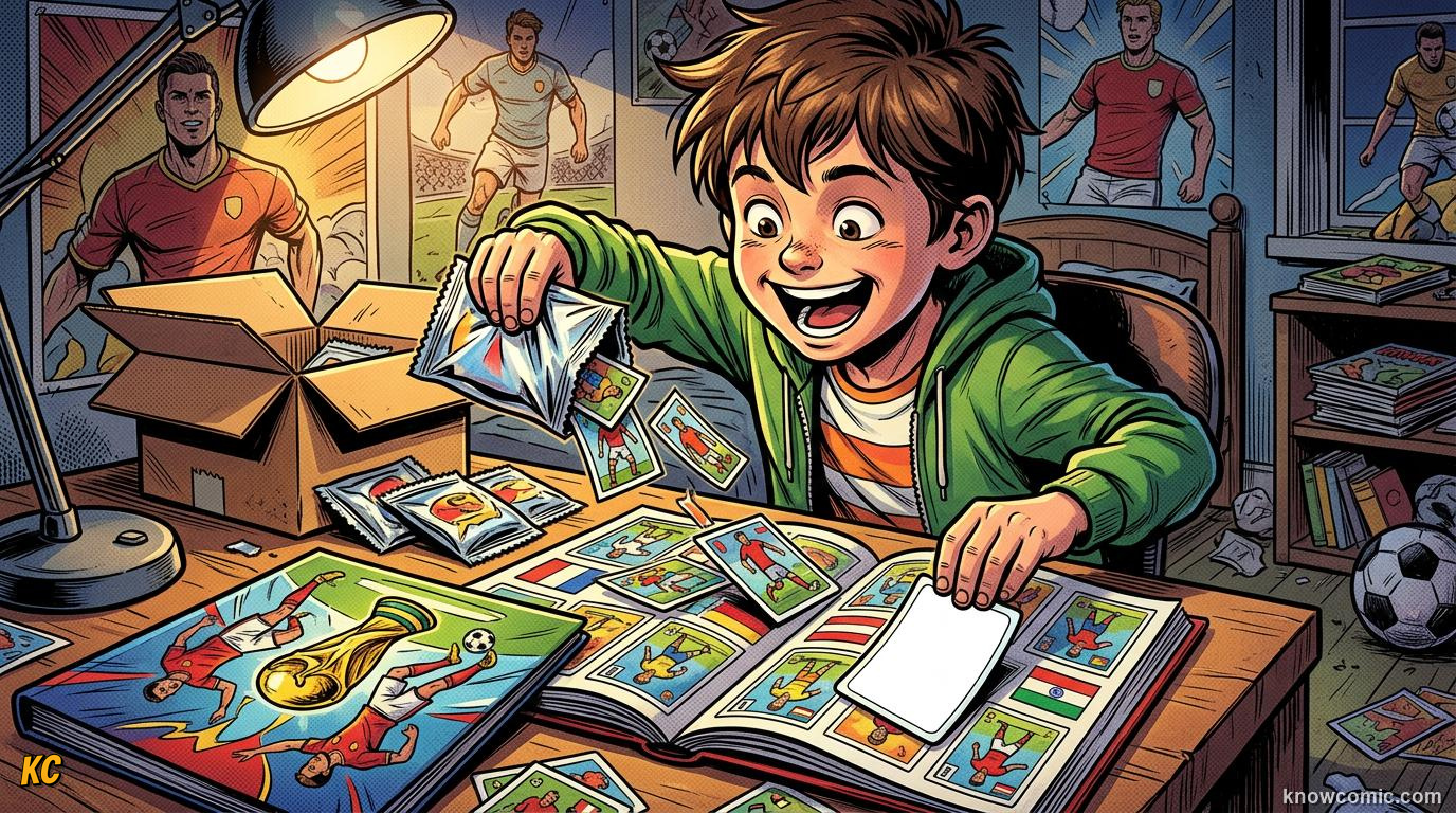 Comic panel titled why every world cup starts a sticker race, labelled album time, from the KnowComic World Cup 2026 lesson on stickers, cards & collections