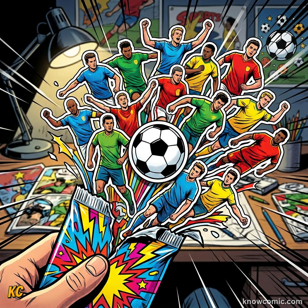 Comic panel titled how panini became the name every collector knows, labelled packs, from the KnowComic World Cup 2026 lesson on stickers, cards & collections