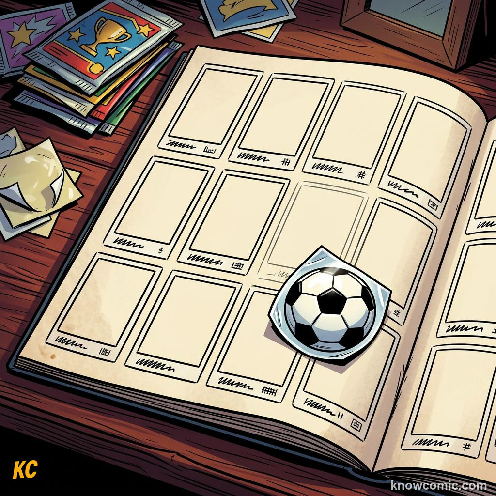 Comic panel titled how panini became the name every collector knows, labelled album, from the KnowComic World Cup 2026 lesson on stickers, cards & collections
