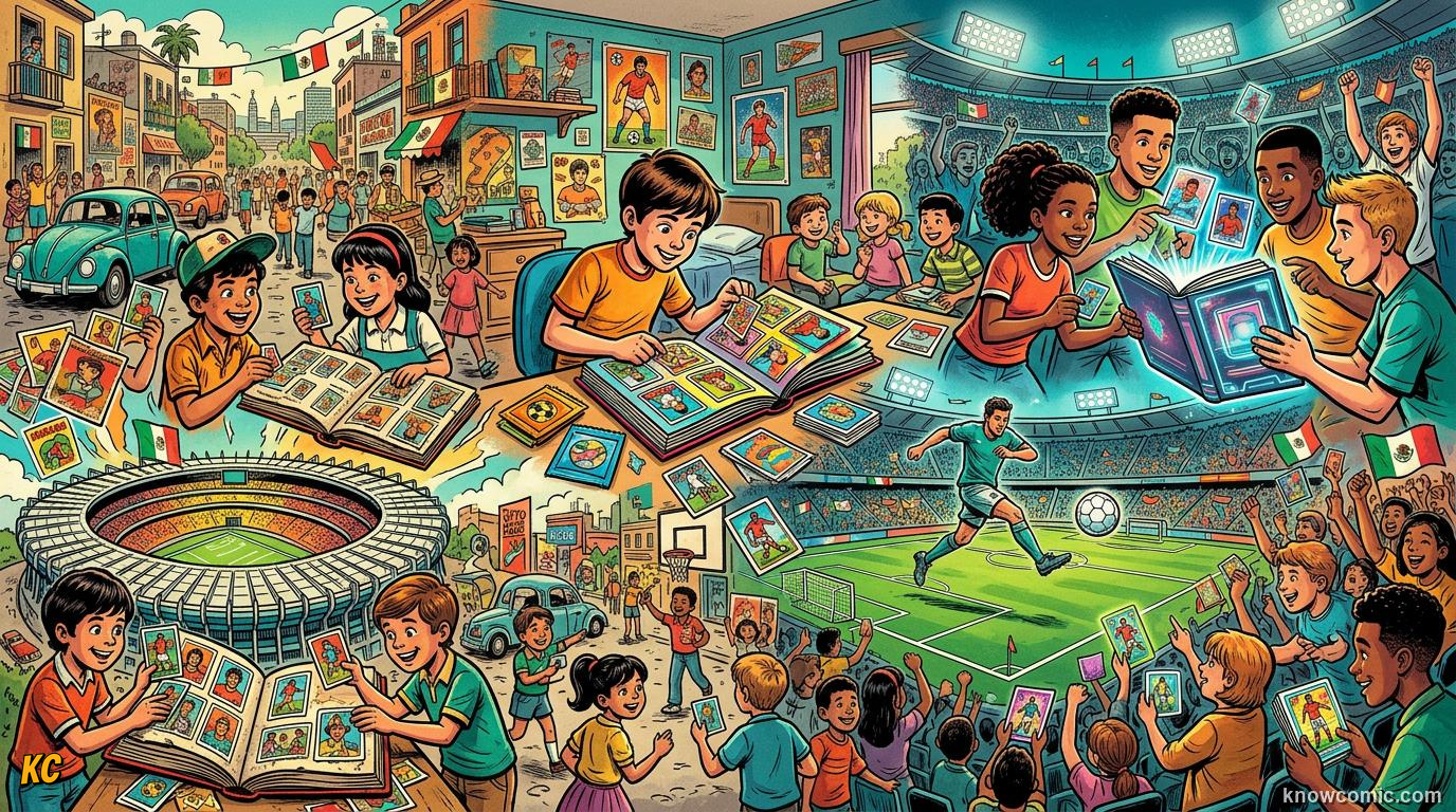 Comic panel titled how panini became the name every collector knows, labelled from modena, from the KnowComic World Cup 2026 lesson on stickers, cards & collections