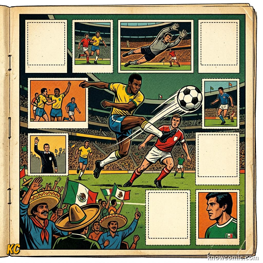 Comic panel titled how fans trade their way to a full album, labelled 1960s, from the KnowComic World Cup 2026 lesson on stickers, cards & collections