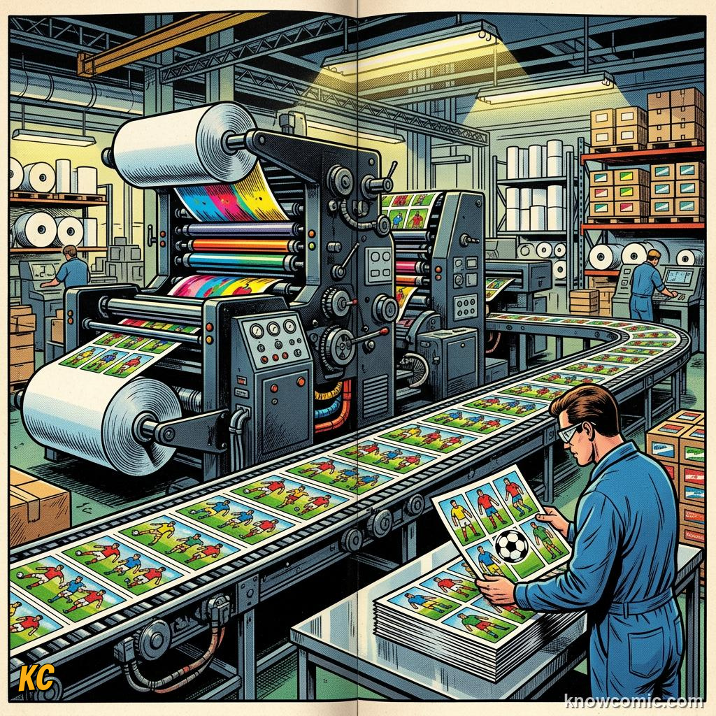 Comic panel titled how fans trade their way to a full album, labelled 1970, from the KnowComic World Cup 2026 lesson on stickers, cards & collections