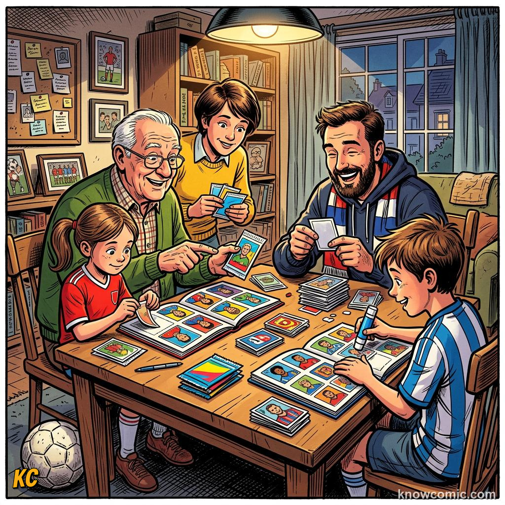 Comic panel titled how fans trade their way to a full album, labelled today, from the KnowComic World Cup 2026 lesson on stickers, cards & collections