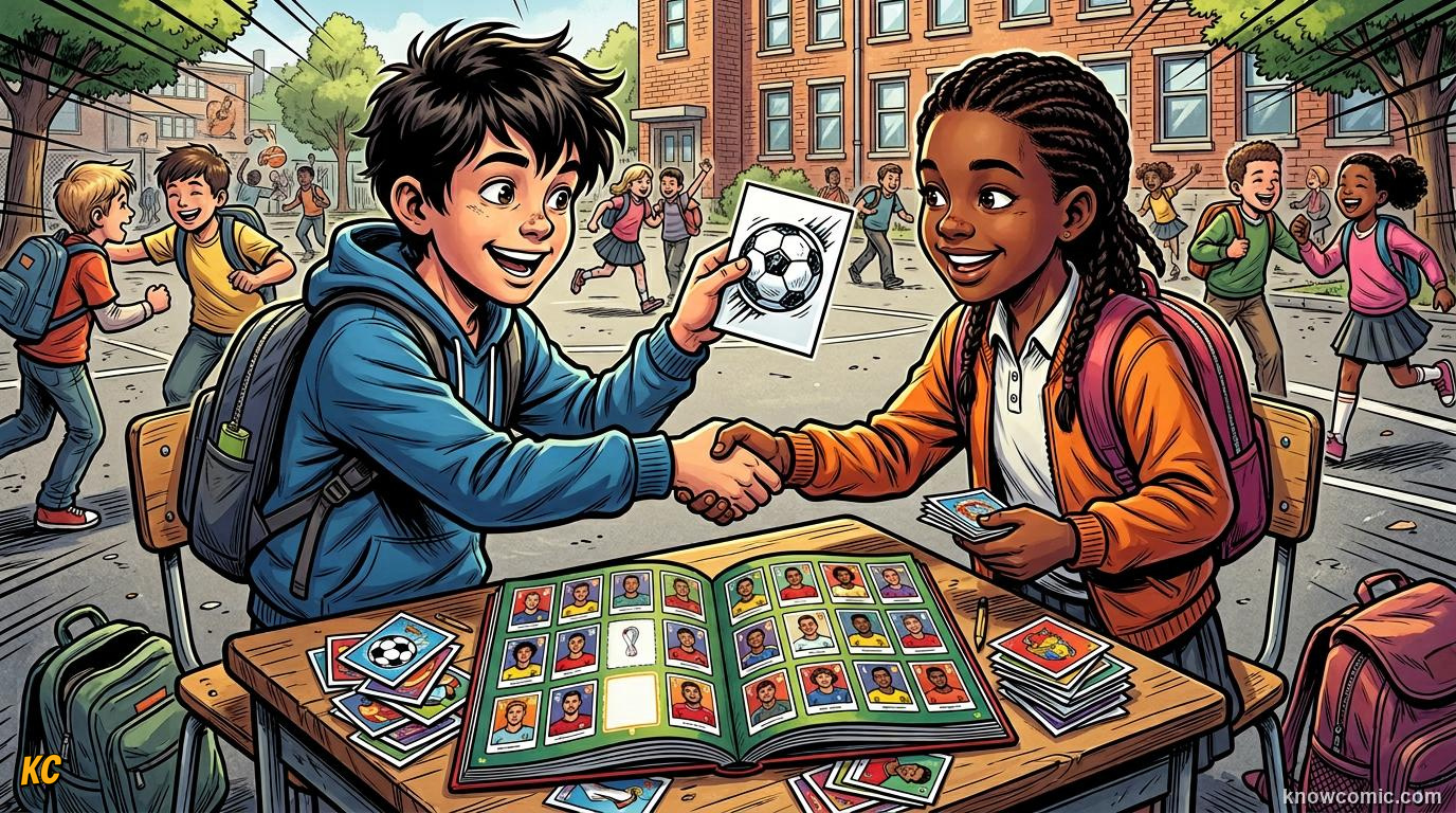 Comic panel titled how fans trade their way to a full album, labelled swap culture, from the KnowComic World Cup 2026 lesson on stickers, cards & collections