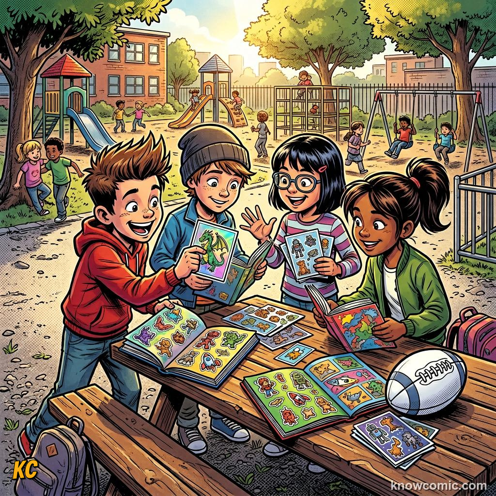 Comic panel titled how fans trade their way to a full album, labelled schoolyard, from the KnowComic World Cup 2026 lesson on stickers, cards & collections