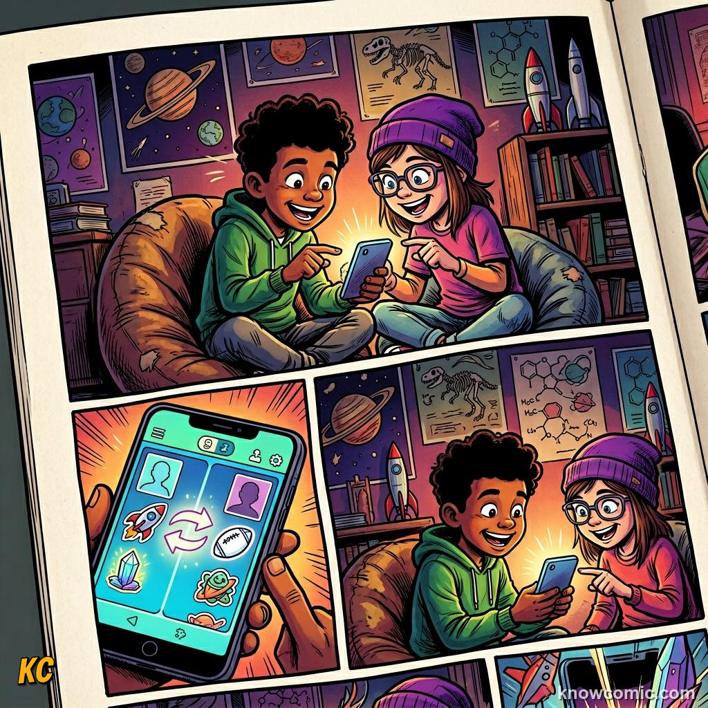 Comic panel titled how fans trade their way to a full album, labelled fair trade, from the KnowComic World Cup 2026 lesson on stickers, cards & collections
