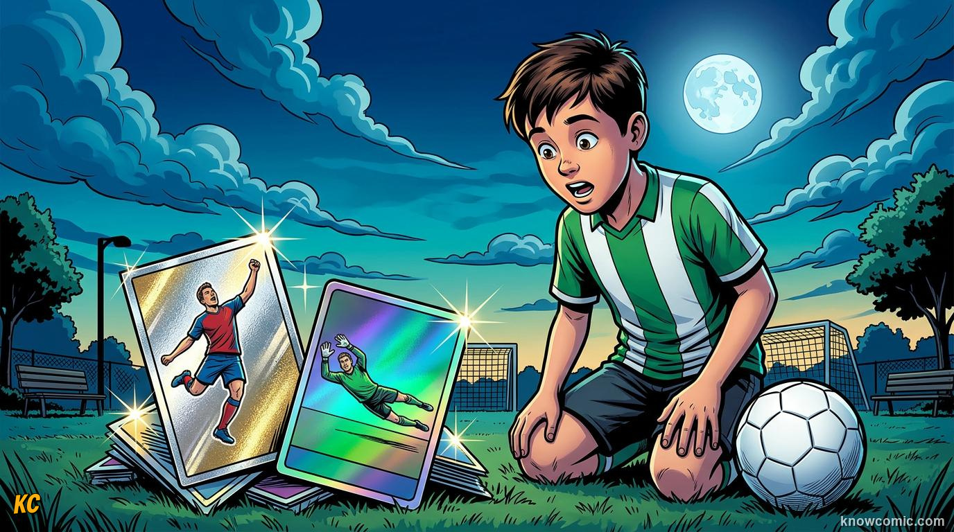 Comic panel titled legendary finds that collectors chase for years, labelled treasure hunt, from the KnowComic World Cup 2026 lesson on stickers, cards & collections