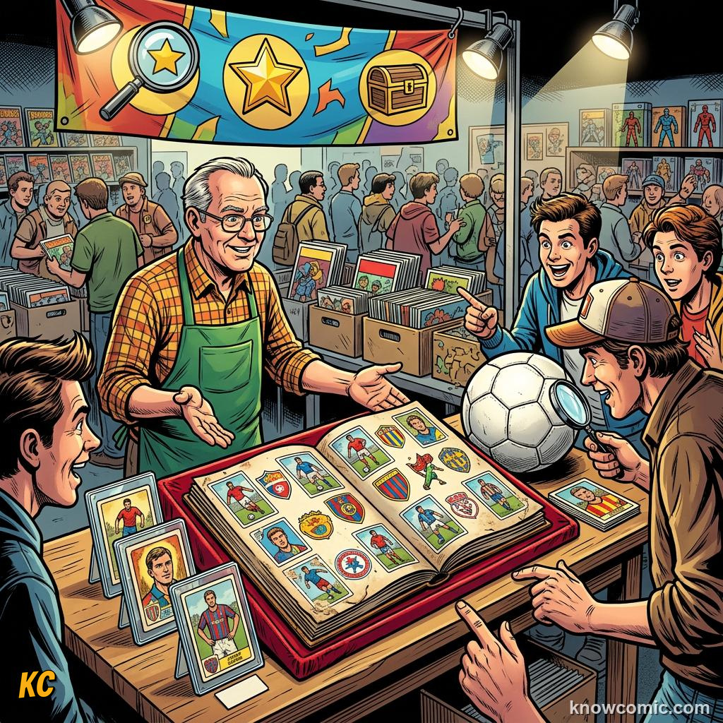 Comic panel titled completing your album before kickoff, labelled vintage, from the KnowComic World Cup 2026 lesson on stickers, cards & collections