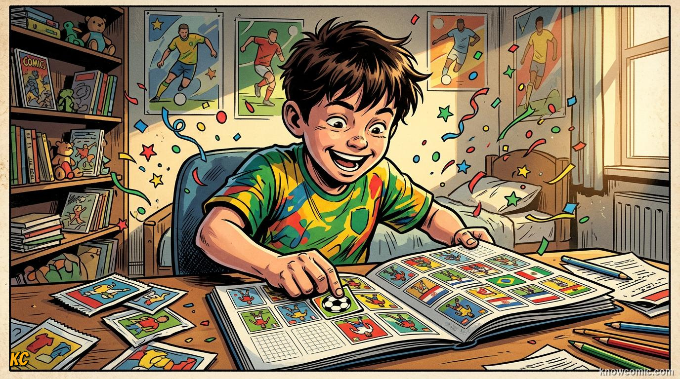 Comic panel titled completing your album before kickoff, labelled world cup 2026, from the KnowComic World Cup 2026 lesson on stickers, cards & collections