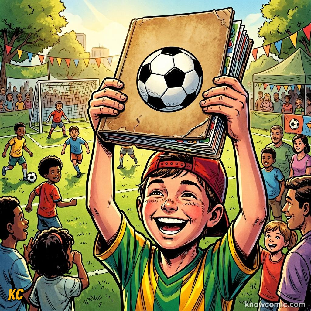 Comic panel labelled finish, illustrating stickers, cards & collections in KnowComic's World Cup 2026 series
