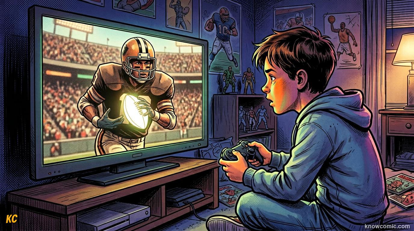 Comic panel titled why movies and games matter to football, labelled screen & soul, from the KnowComic World Cup 2026 lesson on football in movies & games