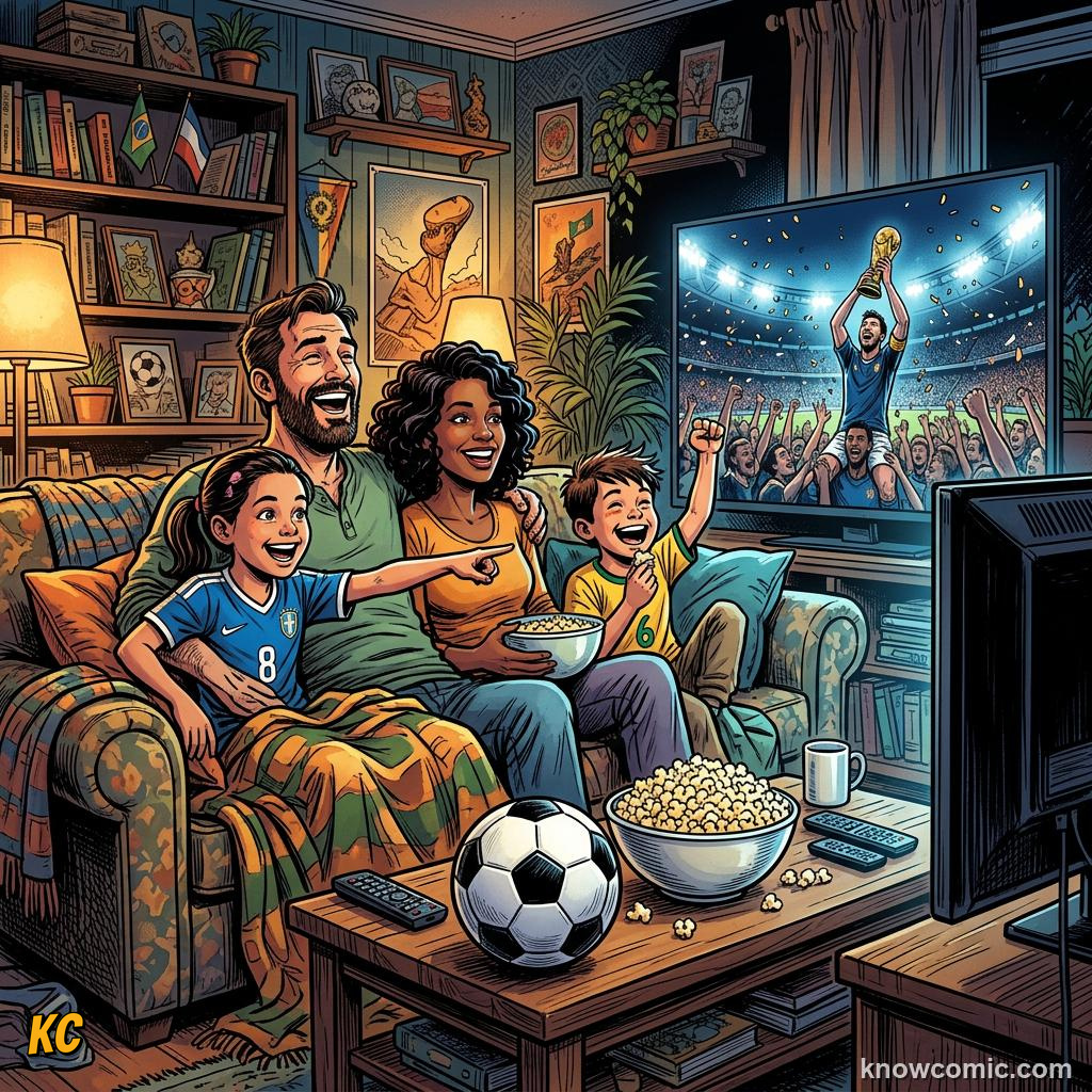Comic panel titled movies that made football feel epic, labelled cinema, from the KnowComic World Cup 2026 lesson on football in movies & games
