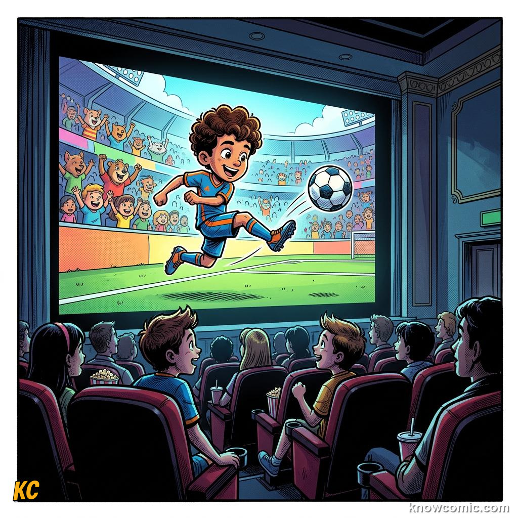 Comic panel titled movies that made football feel epic, labelled gaming, from the KnowComic World Cup 2026 lesson on football in movies & games