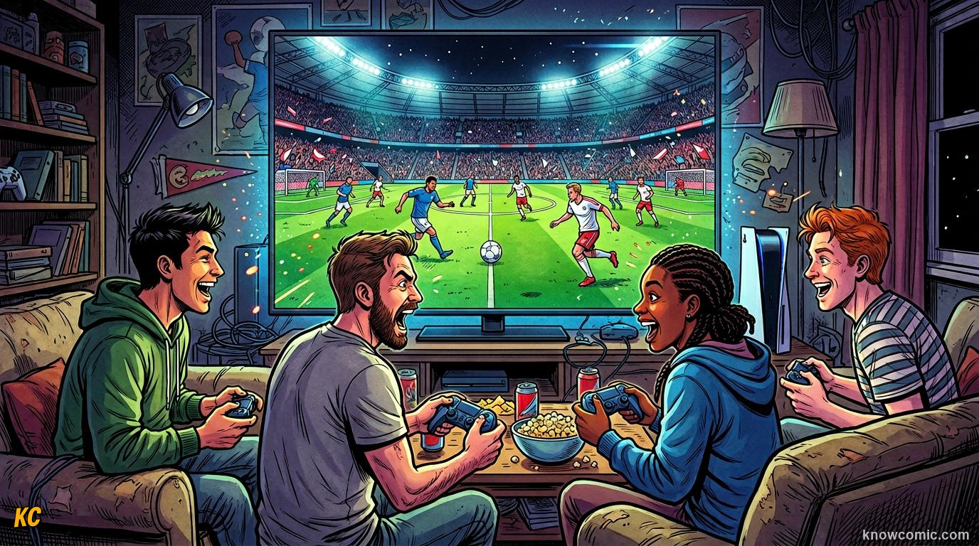Comic panel titled when real clubs open their doors, labelled behind scenes, from the KnowComic World Cup 2026 lesson on football in movies & games