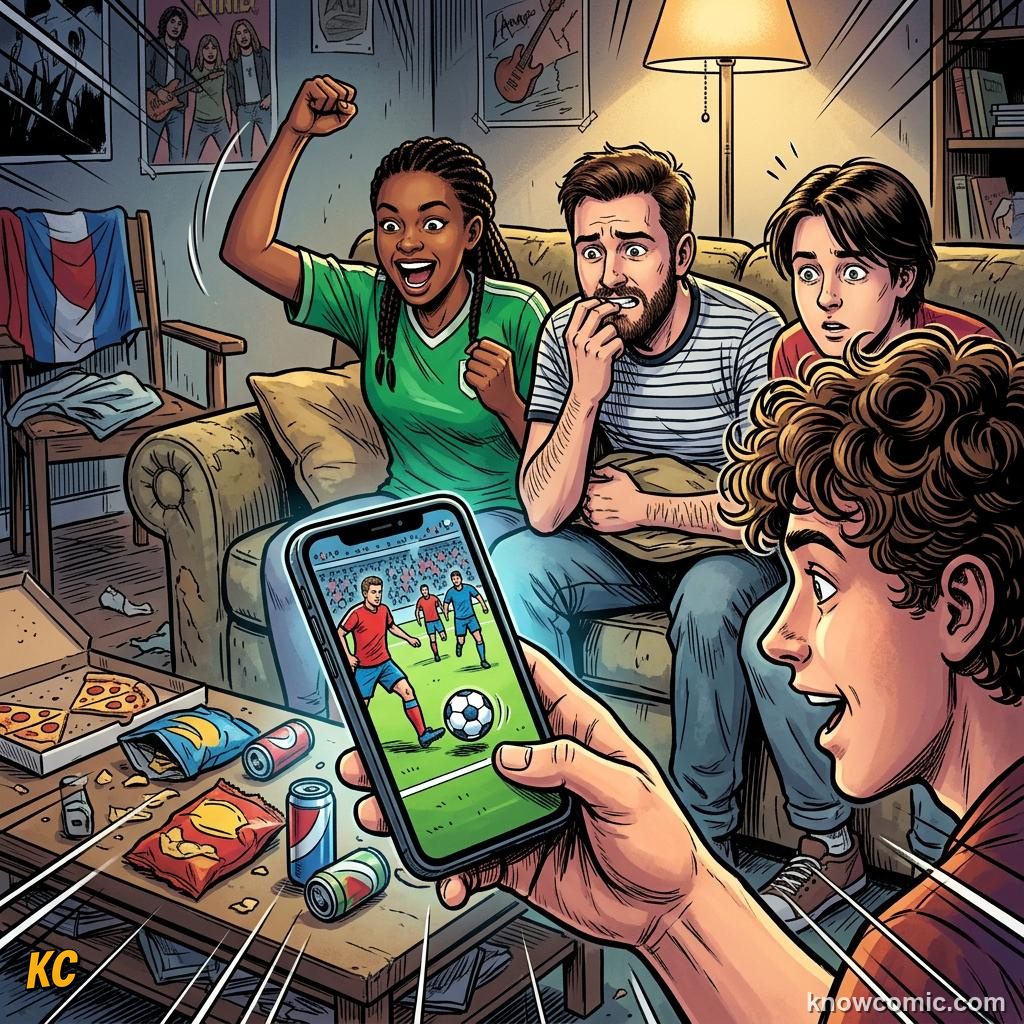 Comic panel titled your screen guide to the next tournament, labelled ea fc, from the KnowComic World Cup 2026 lesson on football in movies & games