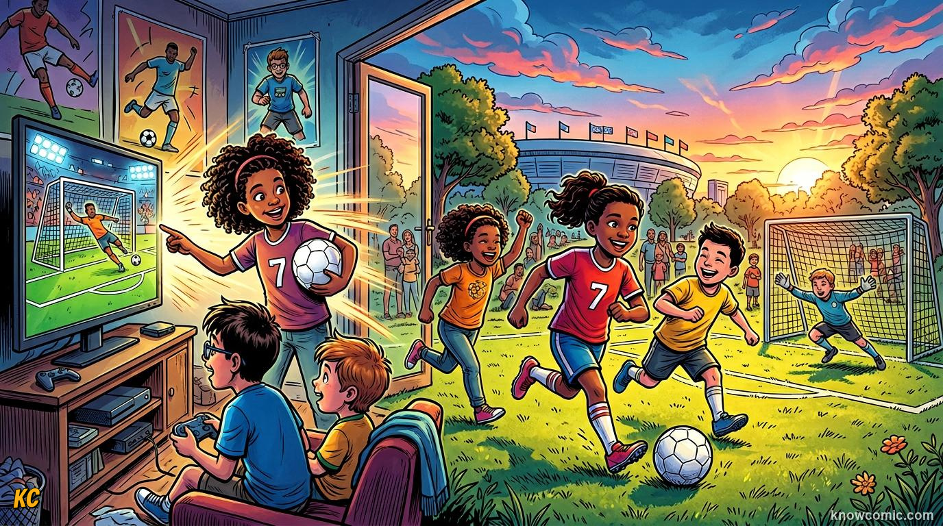 Comic panel titled your screen guide to the next tournament, labelled world cup 2026, from the KnowComic World Cup 2026 lesson on football in movies & games