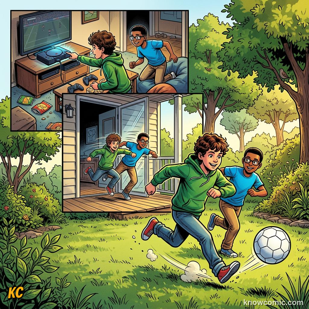 Comic panel labelled stream, illustrating football in movies & games in KnowComic's World Cup 2026 series