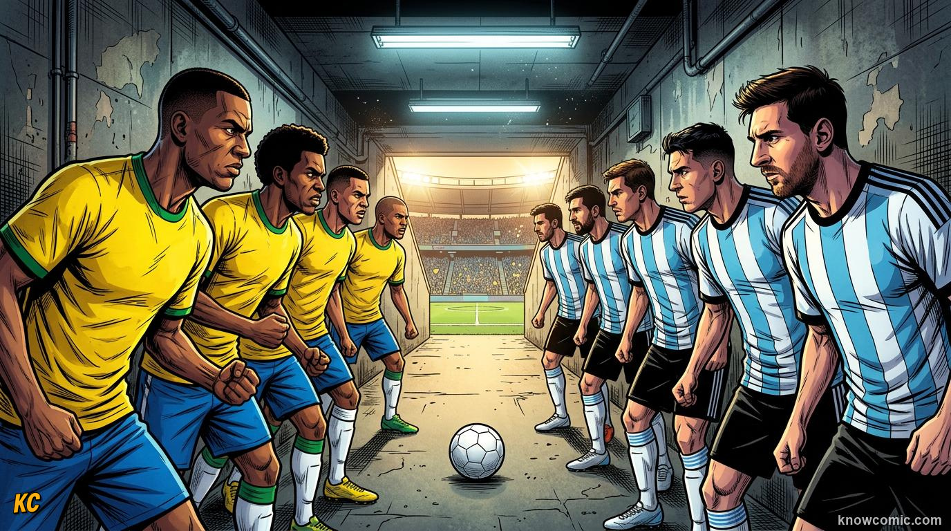 Comic panel titled why national rivalries feel different, labelled pride & pressure, from the KnowComic World Cup 2026 lesson on great national rivalries