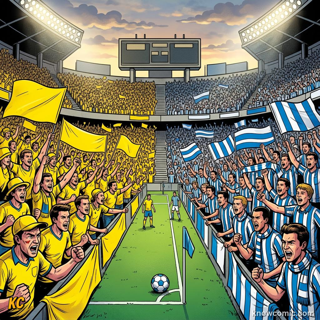 Comic panel titled the rivalry that stops a continent, labelled history, from the KnowComic World Cup 2026 lesson on great national rivalries