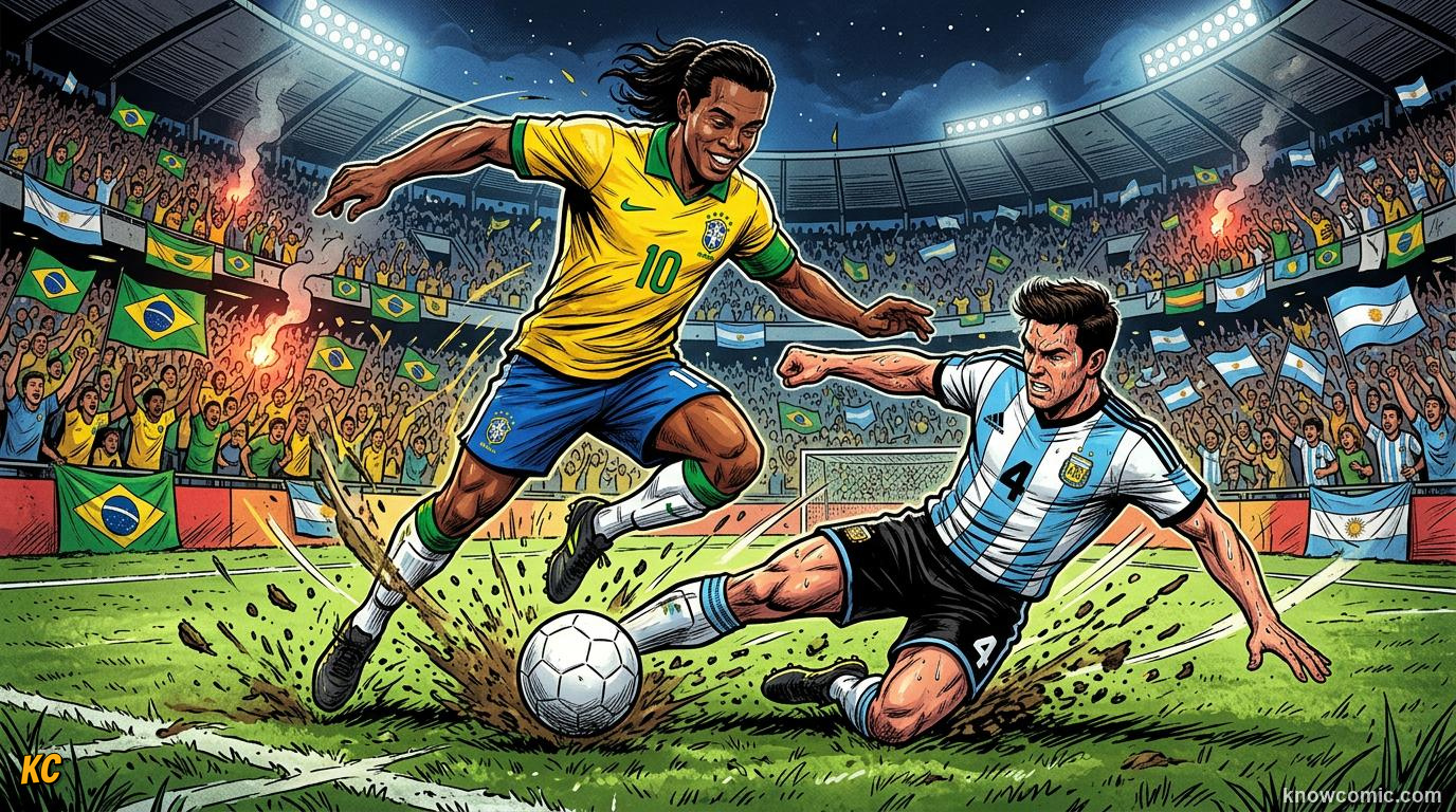 Comic panel titled the rivalry that stops a continent, labelled superclásico, from the KnowComic World Cup 2026 lesson on great national rivalries