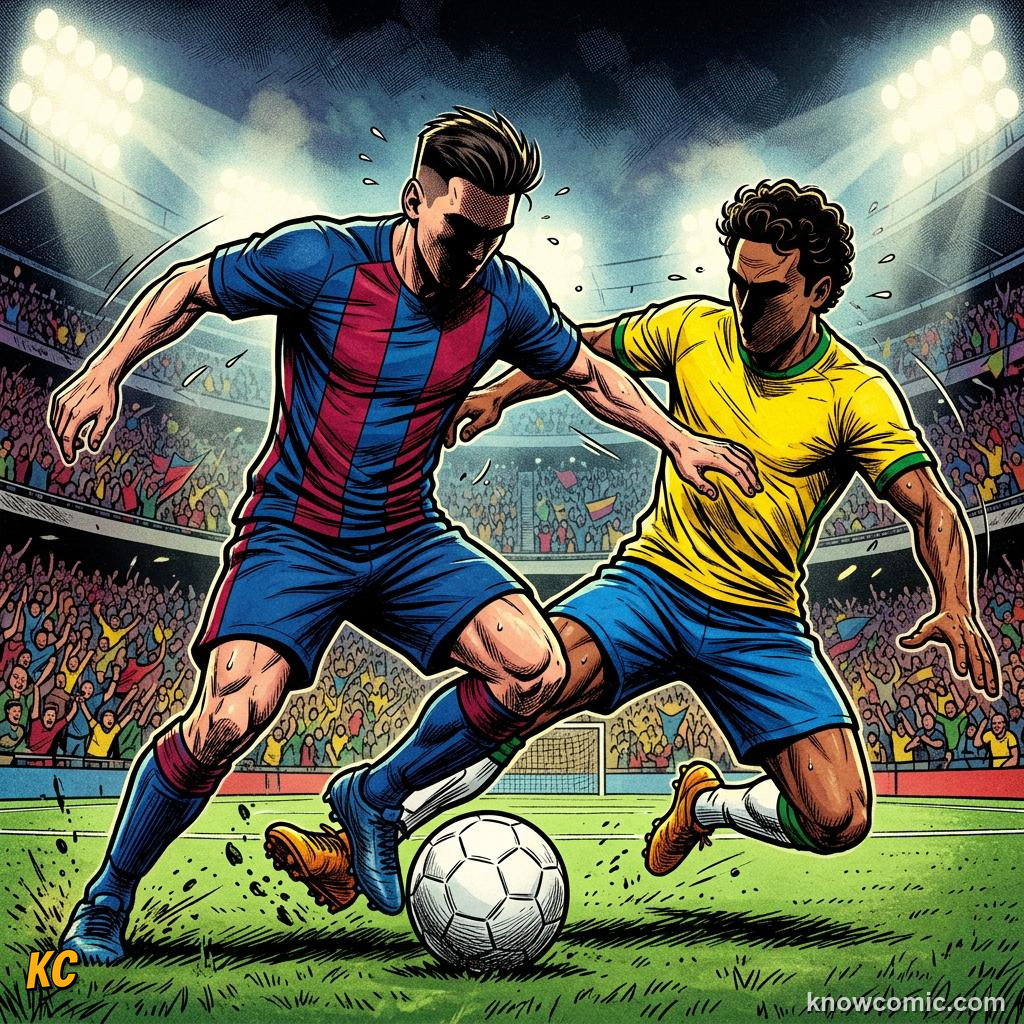 Comic panel titled total football against german efficiency, labelled 1990, from the KnowComic World Cup 2026 lesson on great national rivalries