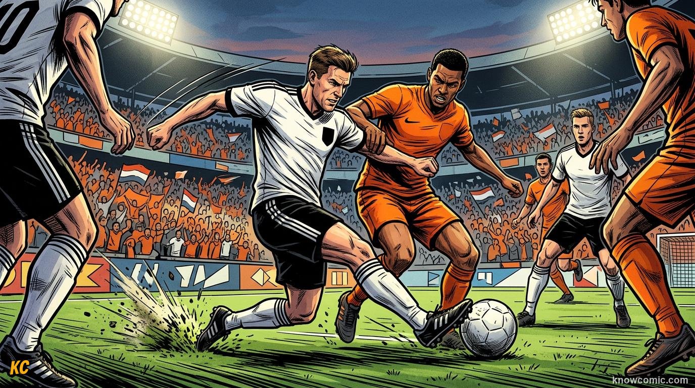 Comic panel titled total football against german efficiency, labelled europe, from the KnowComic World Cup 2026 lesson on great national rivalries