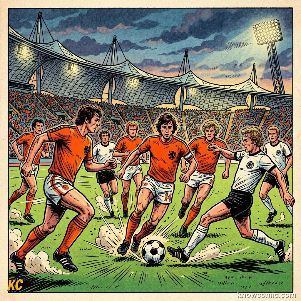 Comic panel titled total football against german efficiency, labelled 1974, from the KnowComic World Cup 2026 lesson on great national rivalries