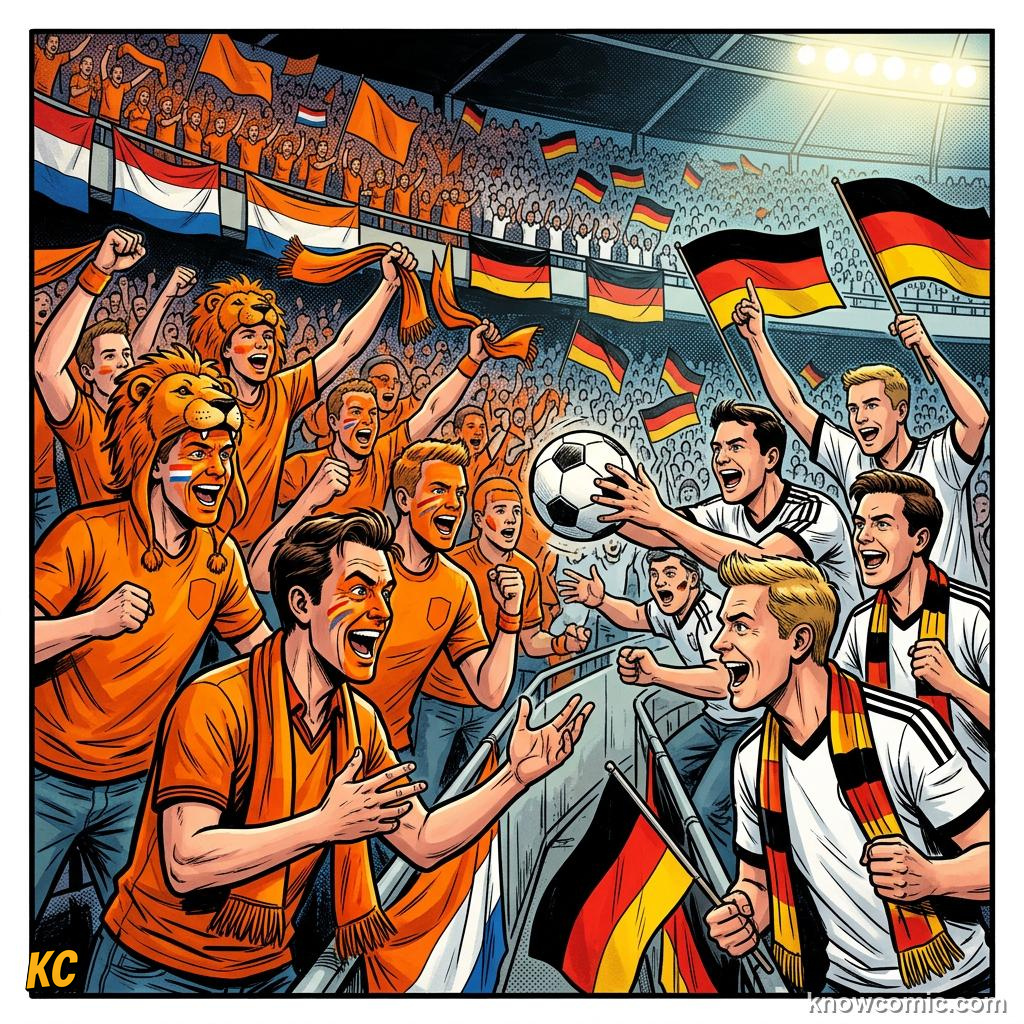 Comic panel titled total football against german efficiency, labelled 1988, from the KnowComic World Cup 2026 lesson on great national rivalries