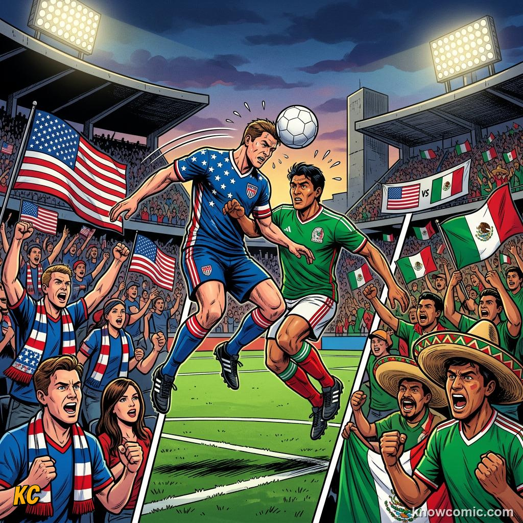 Comic panel titled who might collide in north america, labelled concacaf, from the KnowComic World Cup 2026 lesson on great national rivalries