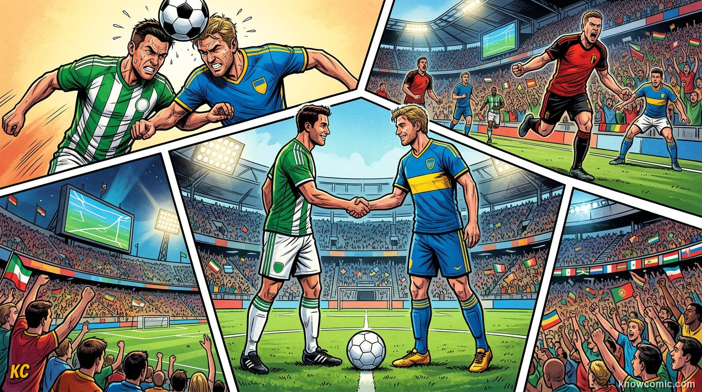 Comic panel titled who might collide in north america, labelled world cup 2026, from the KnowComic World Cup 2026 lesson on great national rivalries