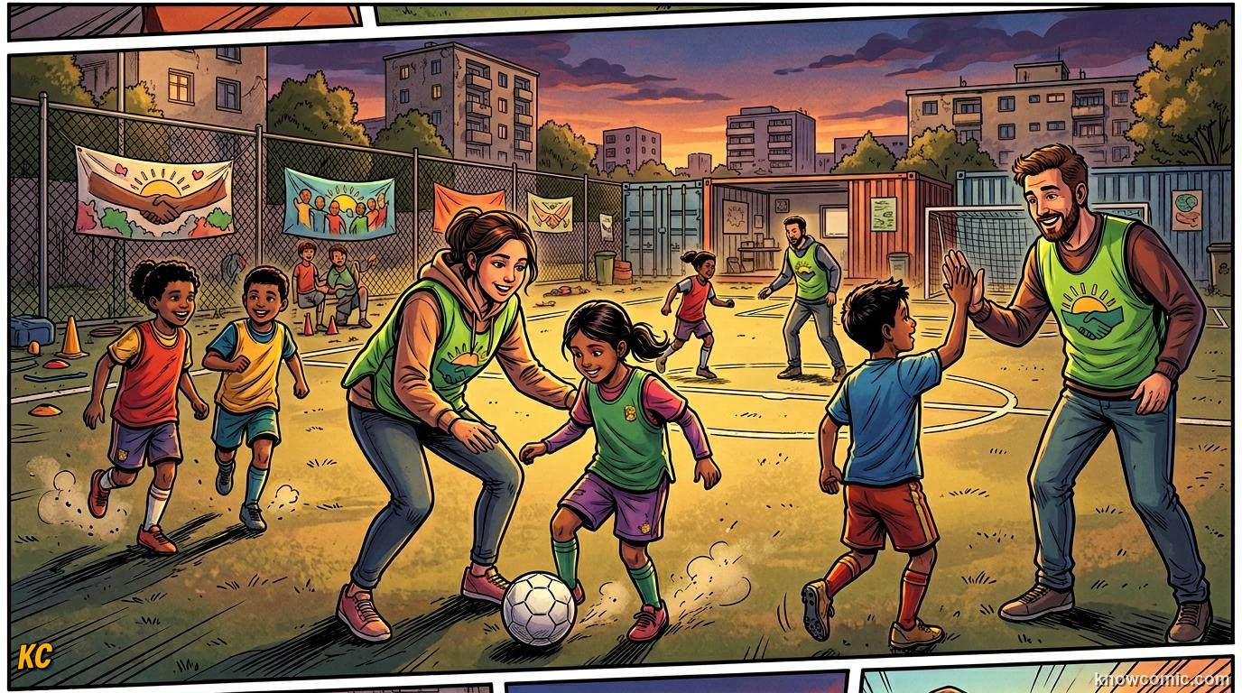 Comic panel titled when football helps beyond the pitch, labelled giving back, from the KnowComic World Cup 2026 lesson on football for good