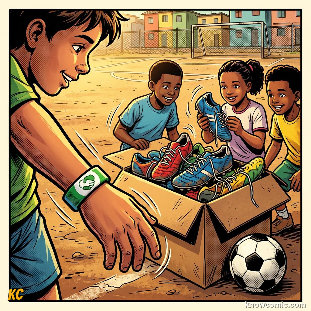 Comic panel titled football in no man's land, labelled players, from the KnowComic World Cup 2026 lesson on football for good