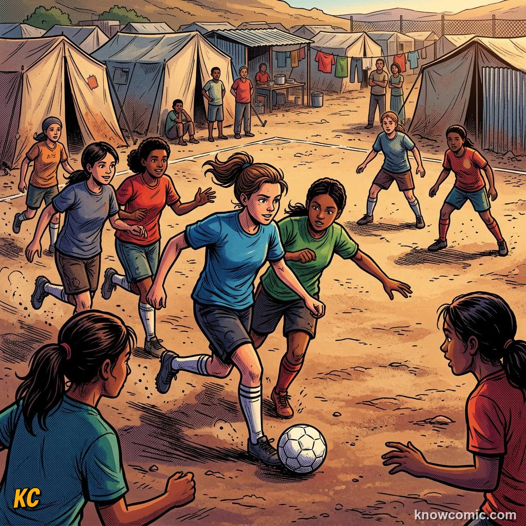 Comic panel titled football in no man's land, labelled fans, from the KnowComic World Cup 2026 lesson on football for good