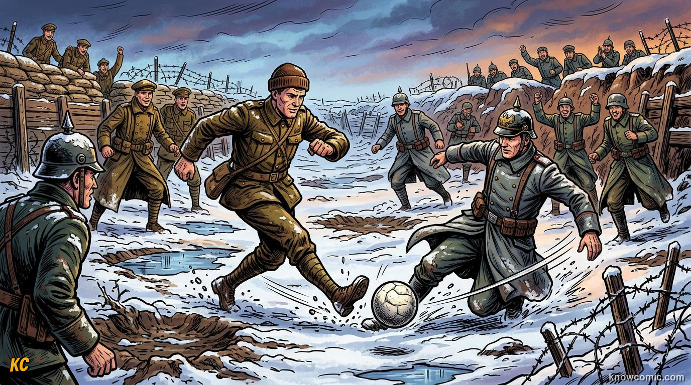 Comic panel titled football in no man's land, labelled 1914, from the KnowComic World Cup 2026 lesson on football for good