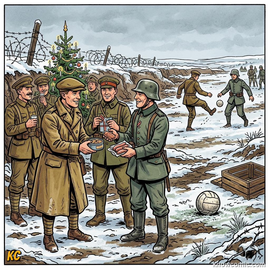 Comic panel titled when football paused real wars, labelled trenches, from the KnowComic World Cup 2026 lesson on football for good