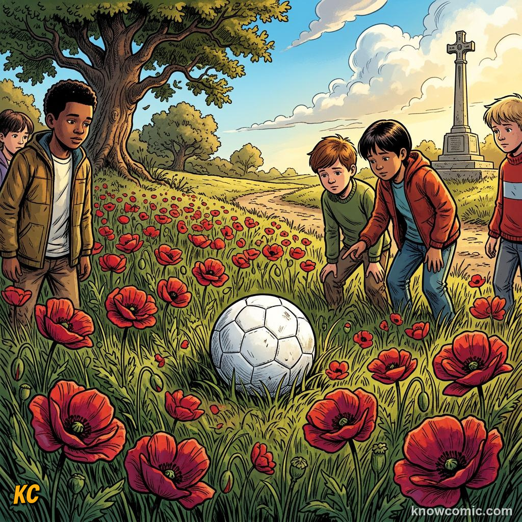 Comic panel titled when football paused real wars, labelled ball, from the KnowComic World Cup 2026 lesson on football for good