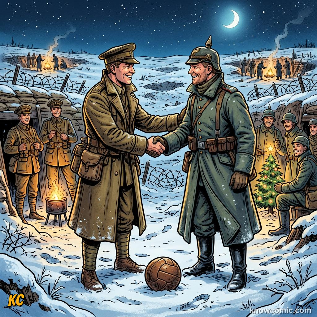 Comic panel titled when football paused real wars, labelled memory, from the KnowComic World Cup 2026 lesson on football for good