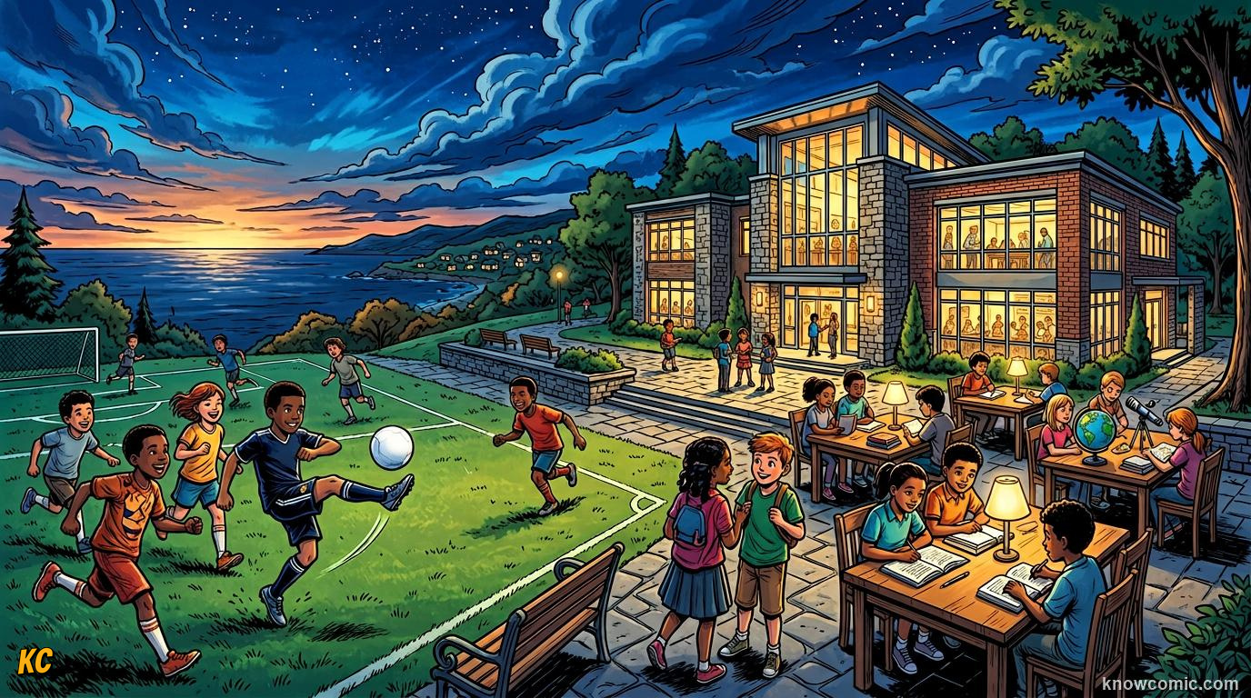 Comic panel titled goals on the field, classrooms off it, labelled education, from the KnowComic World Cup 2026 lesson on football for good