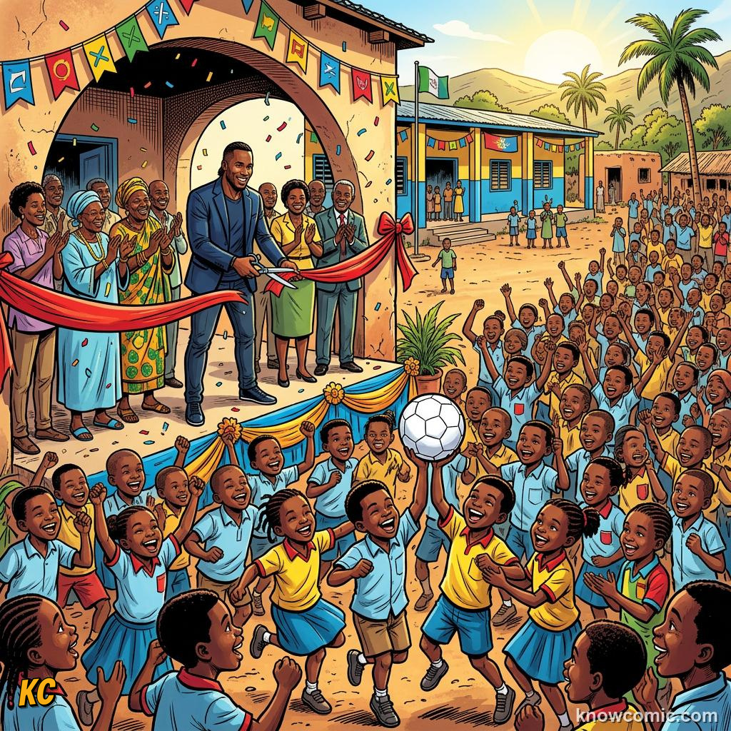 Comic panel titled the global arm of football charity, labelled schools, from the KnowComic World Cup 2026 lesson on football for good