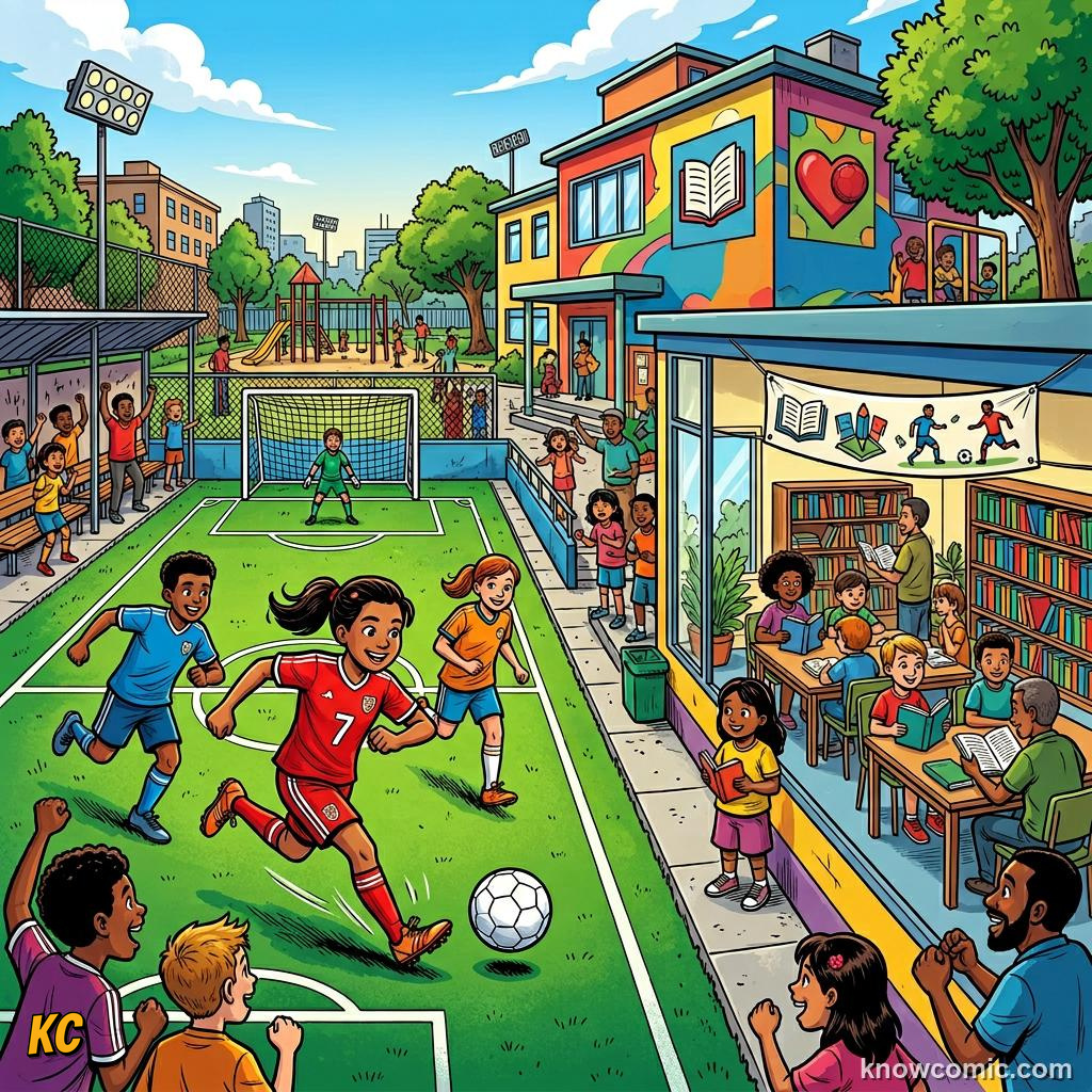 Comic panel titled the global arm of football charity, labelled health, from the KnowComic World Cup 2026 lesson on football for good