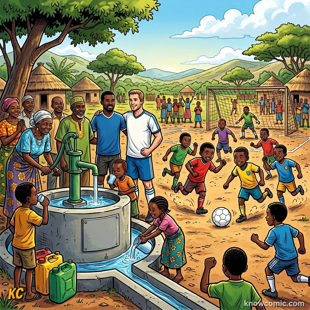 Comic panel titled the global arm of football charity, labelled legacy, from the KnowComic World Cup 2026 lesson on football for good
