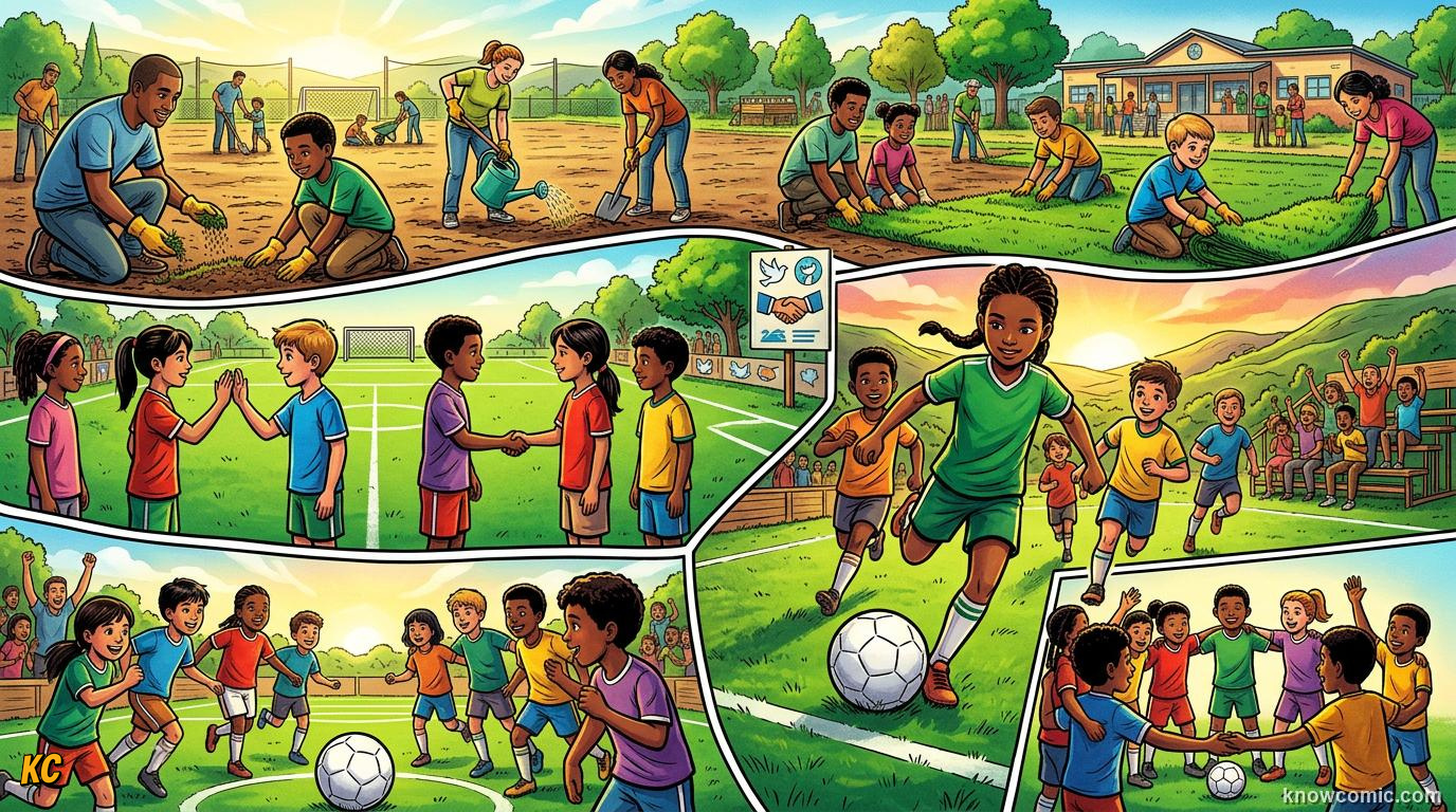 Comic panel titled the global arm of football charity, labelled fifa foundation, from the KnowComic World Cup 2026 lesson on football for good