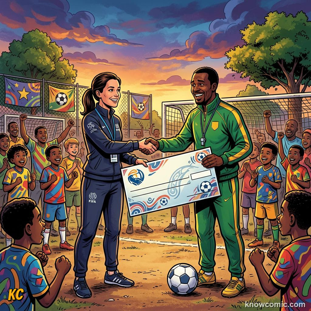 Comic panel labelled global, illustrating football for good in KnowComic's World Cup 2026 series