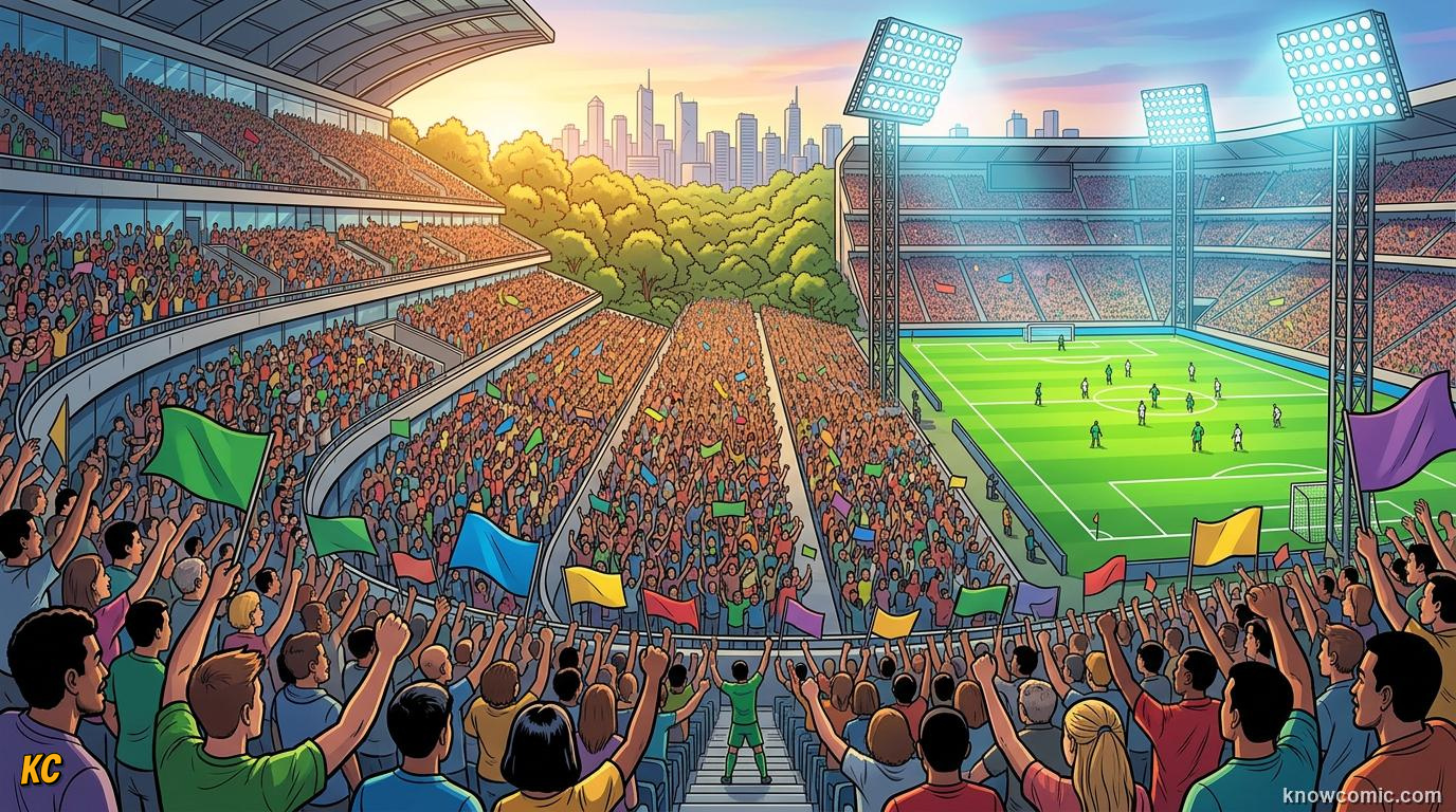 Comic panel titled a continent waking up to football, labelled rising fast, from the KnowComic World Cup 2026 lesson on india & asia's football dream