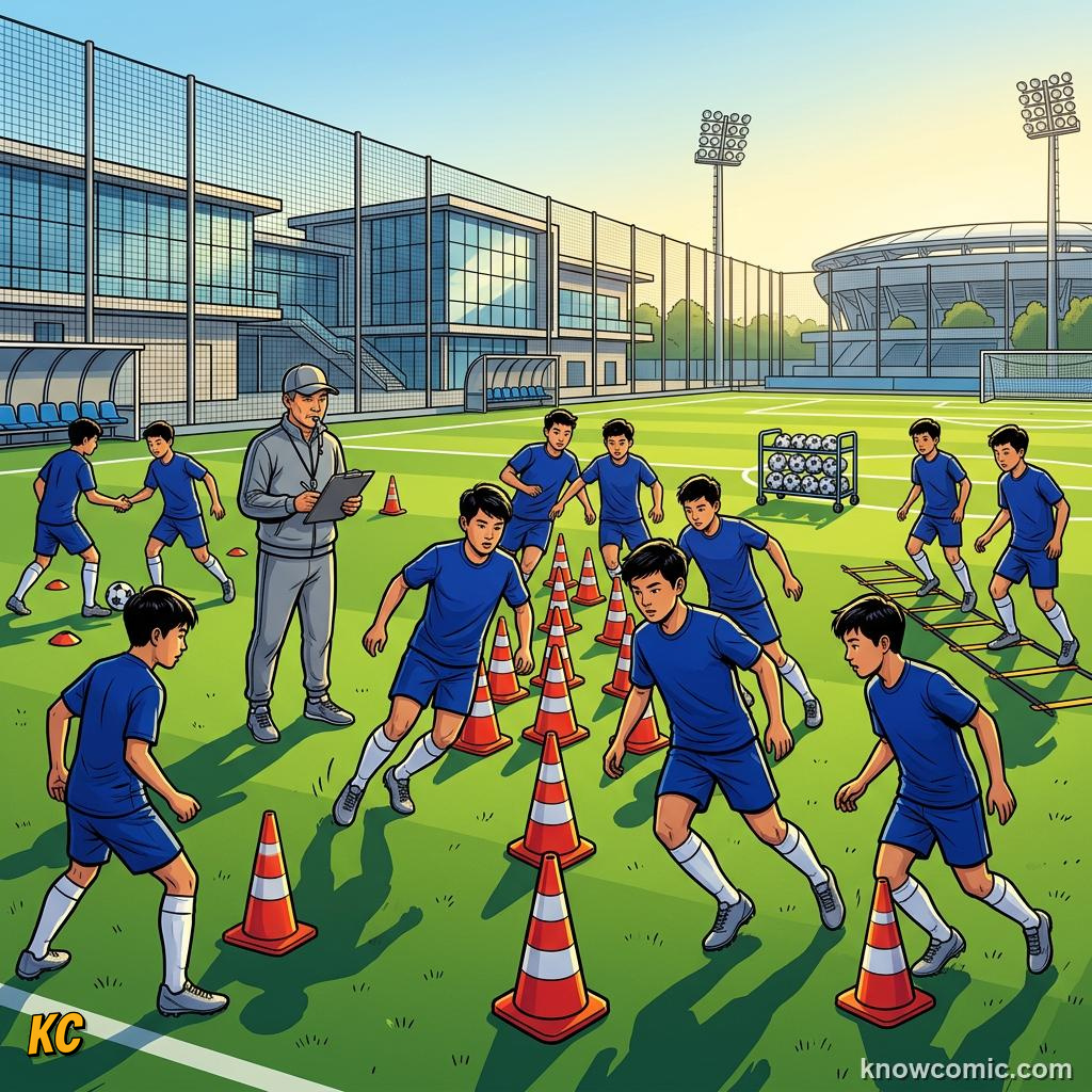 Comic panel titled the indian super league changes the game, labelled academies, from the KnowComic World Cup 2026 lesson on india & asia's football dream