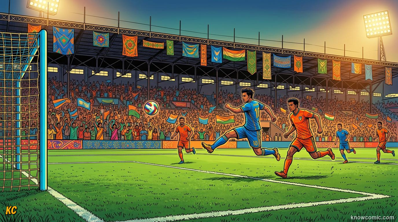 Comic panel titled the indian super league changes the game, labelled india, from the KnowComic World Cup 2026 lesson on india & asia's football dream