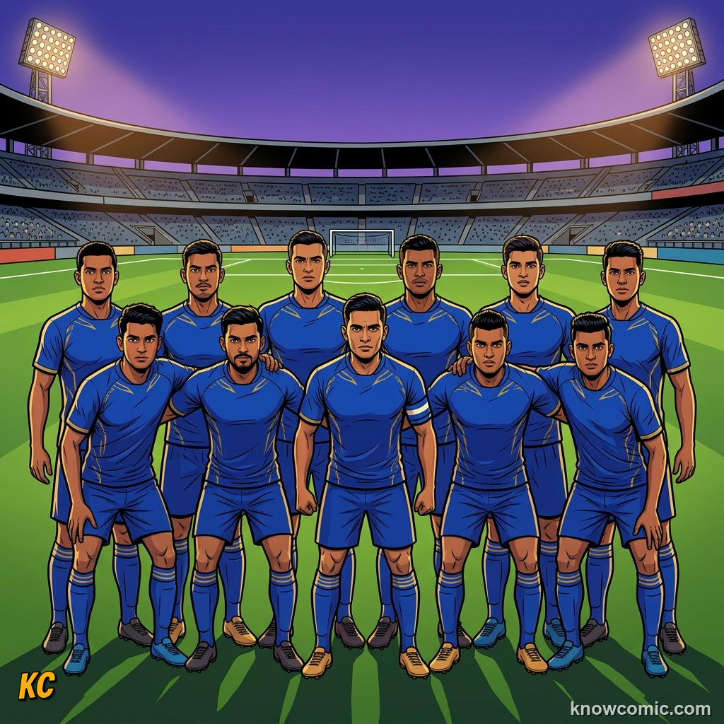 Comic panel titled three nations leading asia forward, labelled blue tigers, from the KnowComic World Cup 2026 lesson on india & asia's football dream