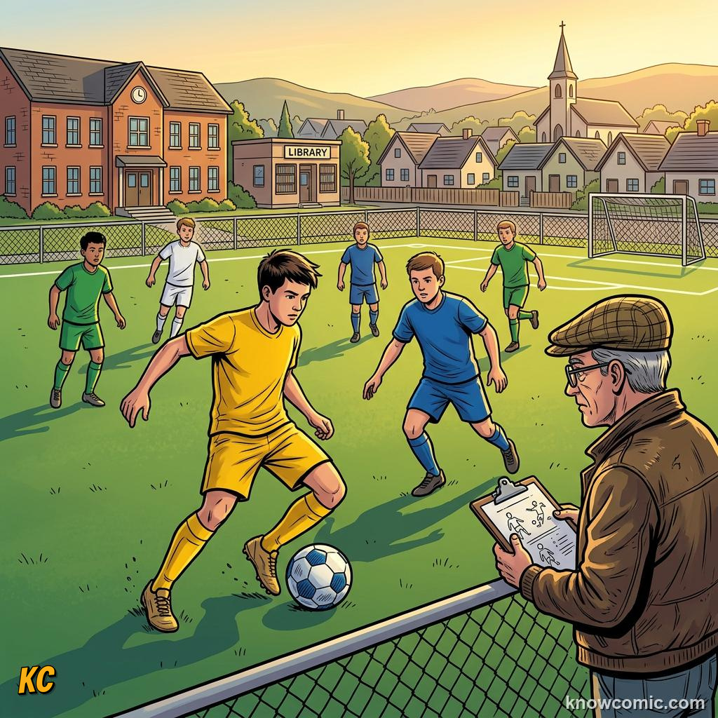 Comic panel titled three nations leading asia forward, labelled grassroots, from the KnowComic World Cup 2026 lesson on india & asia's football dream
